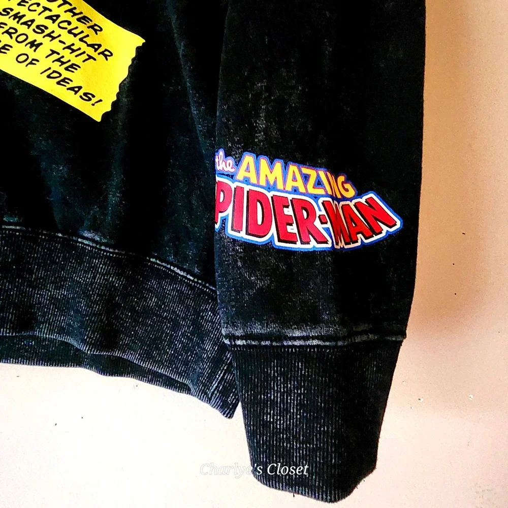 Marvel Spider-Man Black Acid Wash Comic Graphic Sweatshirt‎ M Superhero Grunge